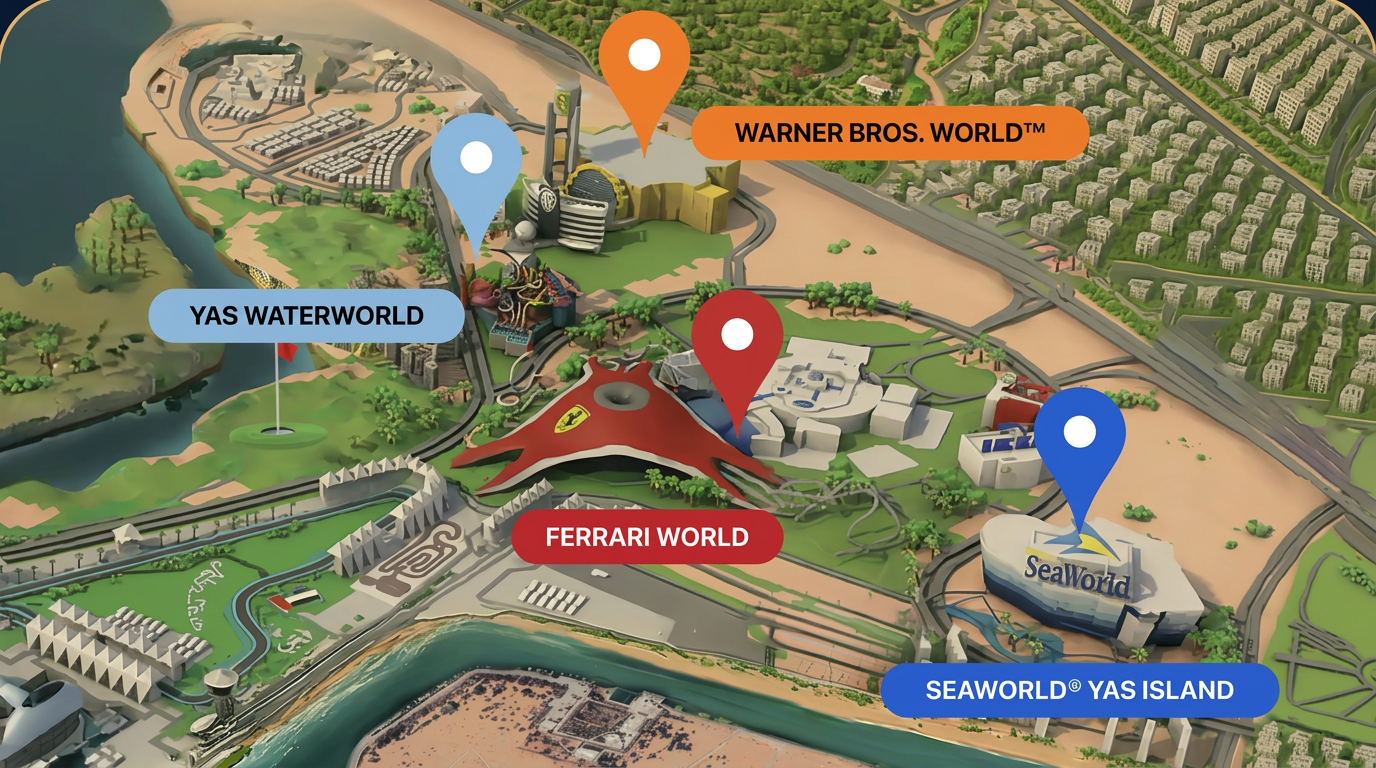 Map of the four Yas Island theme parks
