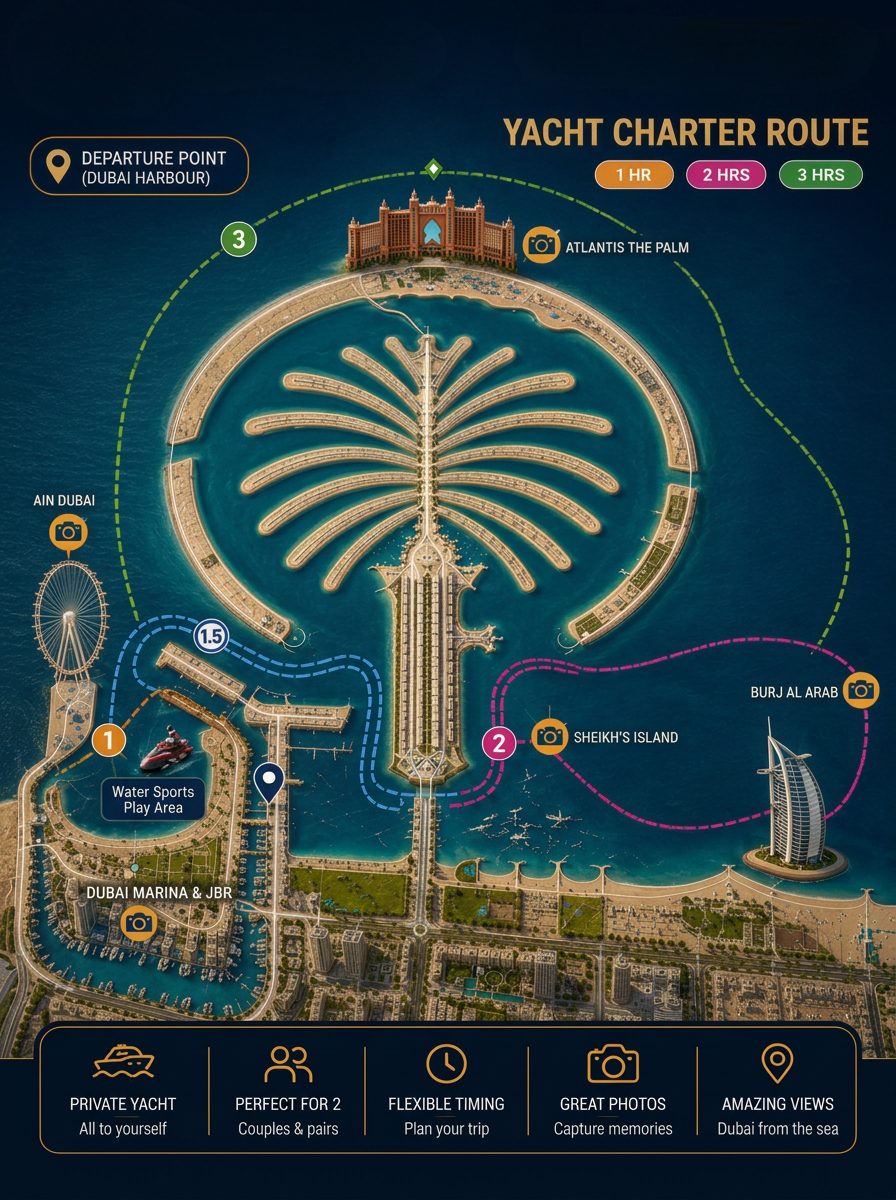 Yacht charter route map from Dubai Harbour for 1, 2 and 3 hours