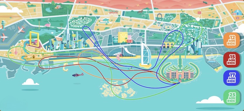 Helicopter route map: 12, 15, 17 and 25 minute rides over Dubai