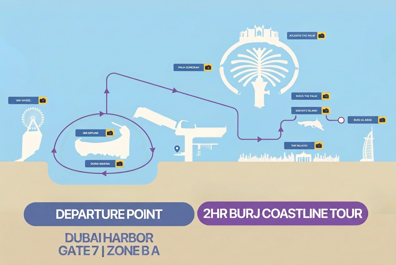 Route map: Dubai Harbour, Ain Wheel, JBR, Dubai Marina, Palm Jumeirah, Atlantis, Burj Al Arab