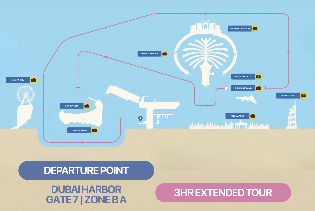 Route map: Dubai Harbour, Ain Wheel, JBR, Dubai Marina, Palm Jumeirah, Atlantis, Burj Al Arab